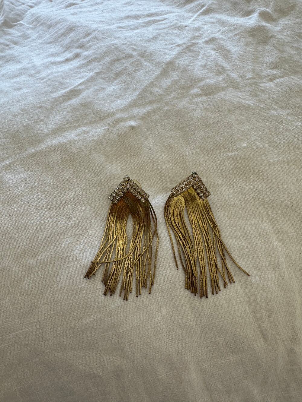 Vintage Gold Tone Rhinestone Fringe Earrings Statement Tassel Glam 80s 90s